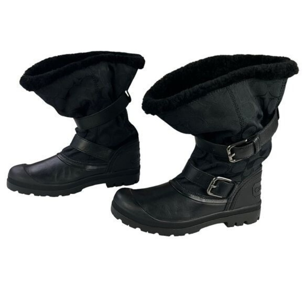 Coach Holiway Black Buckle Winter Boots Size 7 Sherpa Lined Y2K Chic Fleece Moto - Picture 3 of 10